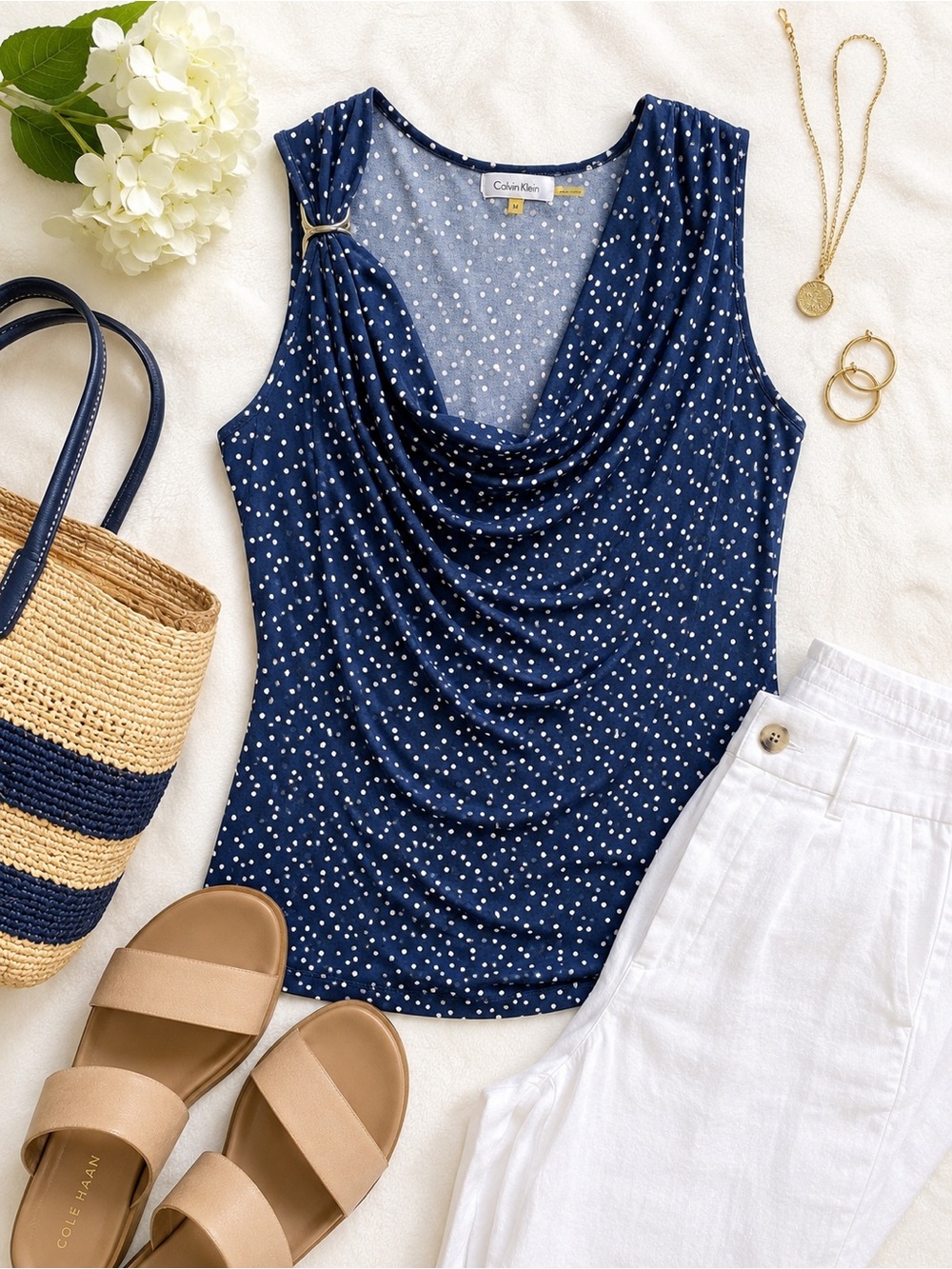 Calvin Klein Blue Polka Dot Sleeveless Cowl Neck Top Women’s Medium
